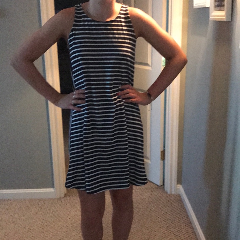 Navy blue and white striped dress